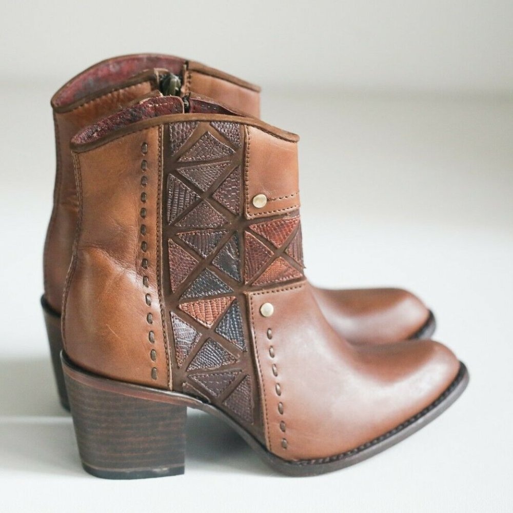 Cuadra Brown Leather Patchwork Detail Booties - image 2
